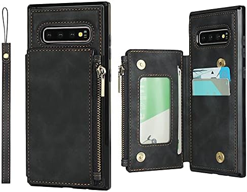Zouzt [RFID Blocking] torbica za novčiće za slučaj Samsung Galaxy S10 Plus torbica za novčanik sa držačem kartice za ruku Premium PU kožna futrola,Dvostruki magnetni izdržljivi stražnji poklopac telefona Crna