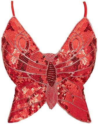 Yivilhor Womens Glitter Sequin Butterfly Crop Top Sparkly Top Rave Top Niskočini za reil Tersion za trbuh plesnih odjeća