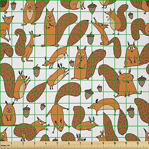 Lunarable Squirrel Fabric by the Yard, Funny Squirrel Family Playing with Nuts Continuous Pattern Print,