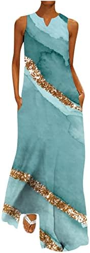 Pejock haljine za žene 2023 V-izrez mramorna štampana Maxi haljina bez rukava ljetna lepršava plaža Tank