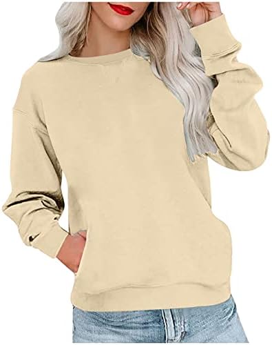 Ležerna košulja dugih rukava za žene Solid Crewneck Pulover Top teen Girls Trendy džepni duks džemper bluza