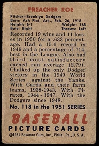 1951 Bowman 118 Propovjednik Roe Brooklyn Dodgers Fair Dodgers
