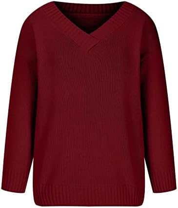 V izrez pletene džemper za žene za žene Ležerne prilike sa dugim rukavima, labavi skakač Osnovni jednostavni