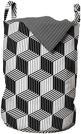 Lunarabilna crno-bijela torba za veš, 3d kutije u geometrijskom dizajnu sa prugastim kockama sa optičkim efektom, korpa za korpe sa ručkama zatvaranje Vezica za pranje veša, 13 x 19, crno bela