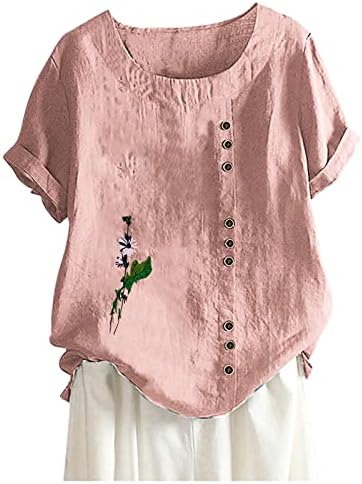 Panoegsn posteljina dolje majica za žene Ljeto plus veličine Bluze kratkih rukava pamučna košulja Crewneck cvjetni ispis labavi ties