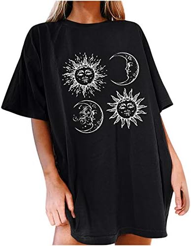 Prevelike grafičke košulje za žene sunce i mjesec okrugli vrat kratki rukav s kratkim rukavima sa labavim