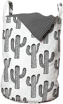 Ambesonne crno-bijela torba za veš, ponavljajući uzorak obrisa egzotičnih biljaka kaktusa slika, korpa za korpe sa ručkama zatvaranje Vezica za pranje veša, 13 x 19, crno-bijelo