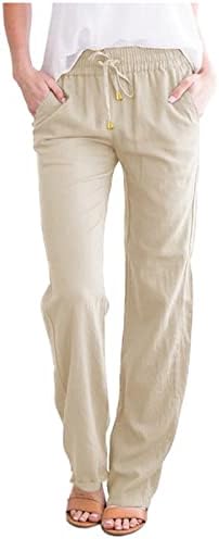Ležerne letnje lanene pantalone za žene labave pantalone sa ravnim nogama pantalone sa visokim strukom na plaži sa džepovima udobni donji deo