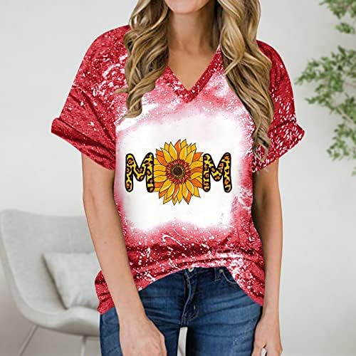Mama Grafičke mase za žene, V izrez kratki rukav cvjetni majica Ljeto Roll up rukave s rukavima TOP jednostavan meki tee