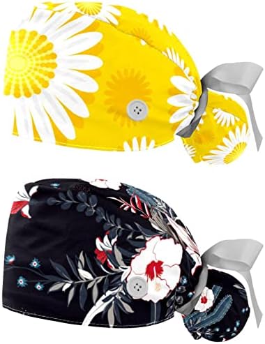 RodailyCay 2 pakovanja Radna kapa sa gumbom za žene Duga kose Podesiva elastična kravata natrag HATS Bouffant Capsdaisy Yellow