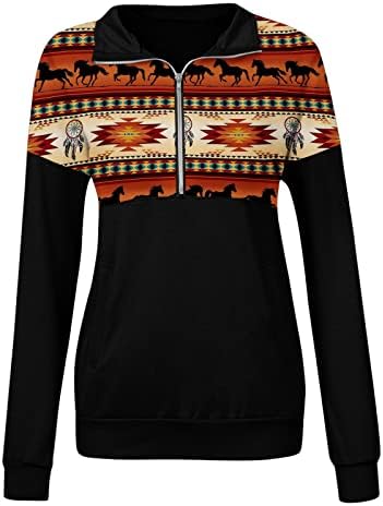 Fronage ženska polovica duksera za zapadni aztec džemper, ležerni dugi rukav Meksiko Etnički grafički grafički pulover vrhove