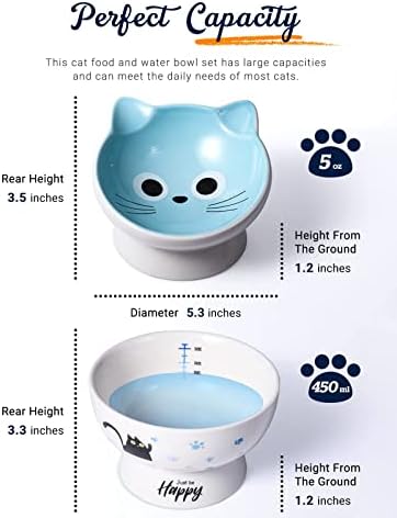 Aisbugur keramičke posude za mačke podignuta posuda za hranu za mačke 15° nagnuta štiti mačju kičmu, bez stresa, sprečava povraćanje, jela za mačke za hranu i vodu Set od 2, plava