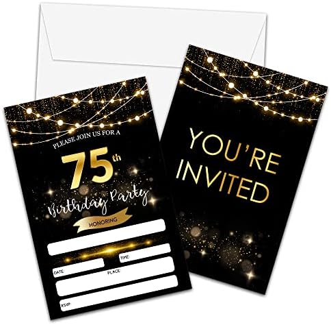 75. pozivnice za rođendan sa kovertama - Crno zlato Glitter Fill-in pozivnice - Poziv za rođendan za iznenađenje za njega / nju - Odrasli rođendanske zabave favorizira ukrase ukrase