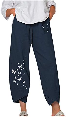 Pamučne lanene pantalone za žene Ležerne letnje kapri pantalone sa džepovima visokog struka udobne pantalone na plaži cvetne harem pantalone