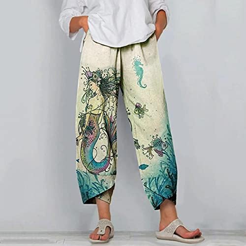 Pamučne lanene hlače za žene Ležerne ljetne kapri hlače s džepovima visokog struka udobne hlače na plaži