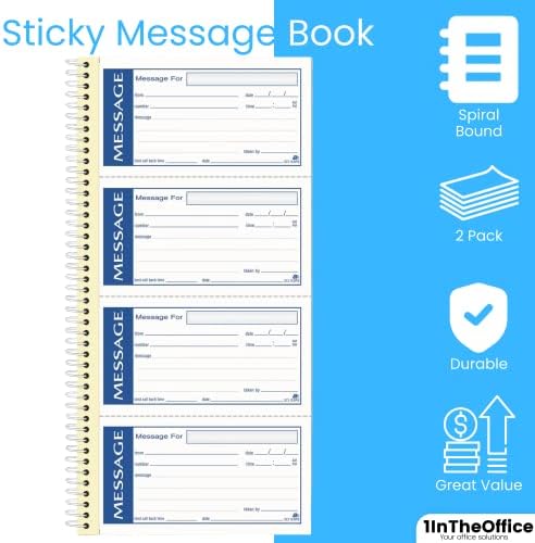 1intheoffice Sticky message Book, self Stick message Pads, Office message Pads, phone Message Book 2 dio Carbonless 5. 25x11, Bijela, 2 Pack