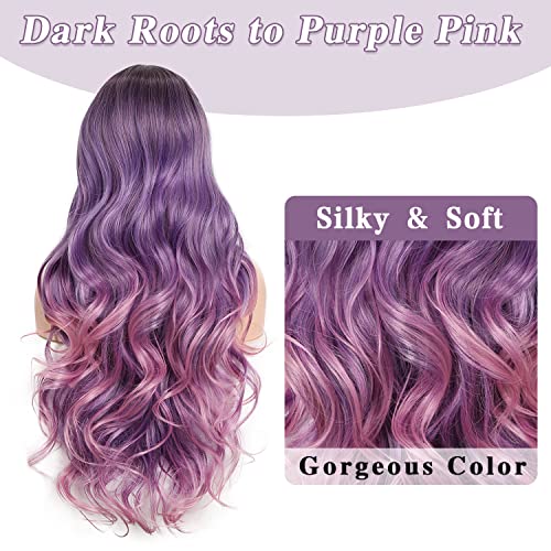 FAVE Purple Pink perike duge ljubičaste perike za žene Ombre perika šarena perika jednorog boja kosa otporna na toplotu Sintetička perika prirodnog izgleda tamni korijeni perika