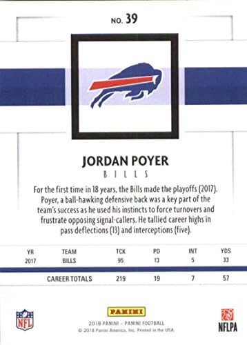 2018 Panini NFL Fudbal 39 Jordan Poyer Buffalo Bills Službena trgovačka kartica