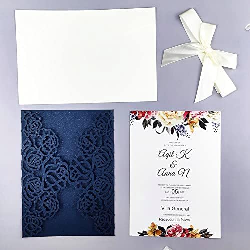 Resece Laser Cut Pozivnice za vjenčanje 5 x 7 inča Navy Plavi pozivni setovi za prijavu s kovertama i unutrašnjim