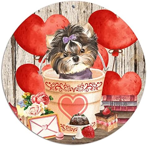 Okrugli metalni valentinovo vijenac znakovi Chihuahua crveno srce Balloon Wood zrno ljubimca ljubitelja za kućne ljubimce Tin znak vjenčanje viseći uznemireni montimični kosijski znakovi za kućnu kabinu na otvorenom dekor na otvorenom 9 inča